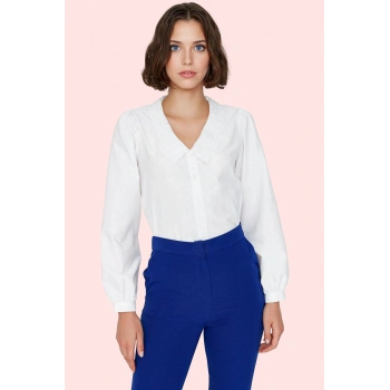 Kadın Pamuk Dokuma Gömlek Bebe Yaka Uzun Kol Regular Kalıp Günlük ve İş Şıklığı Hafta Sonu