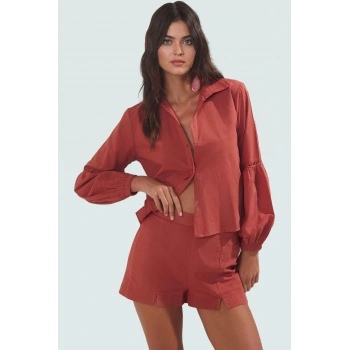 Kadın Pamuk Dokuma Vual Plaj Gömlek Şort Takım Kısa Kollu Yazlık Özenle Seçilmiş