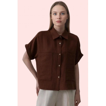 Kadın Pamuk Düz Desen Basic Oversize Kısa Kollu Gömlek Yazlık Günlük Kullanım Modern Tasarım