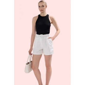 Kadın Pamuk Gabardin Straight Şort; Yüksek Bel Çift Cep Kısa Boy Günlük Kombinler Hafta Sonu