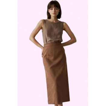 Kadın Pamuk Keten Görünümlü Midi Kalem Etek Günlük ve Ofis Şıklığı Yaz Aylarının Vazgeçilmezi