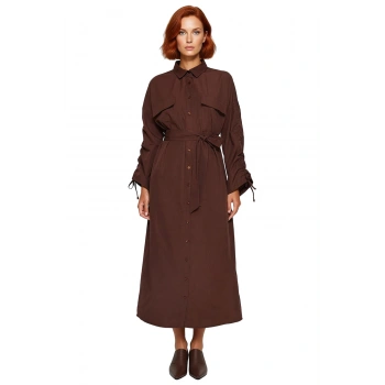 Kadın Pamuk Polyester Dokuma Maxi Gömlek Yaka Kuşaklı Uzun Büzgülü Kollu Şık Günlük Elbise