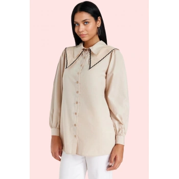Kadın Pamuk Polyester Poplin Gömlek Taş Yaka Detaylı Günlük Kullanım Yaz Aylarının Vazgeçilmezi