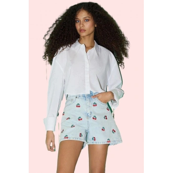 Kadın Pamuklu Baskılı Kiraz Desenli Denim City Short Şort Rahat Günlük Kullanım Hafta Sonu