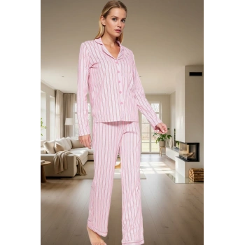 Kadın Pamuklu Çizgili Pijama Takımı Regular Kalıp Uzun Kollu Kışlık Rahat Özenle Seçilmiş