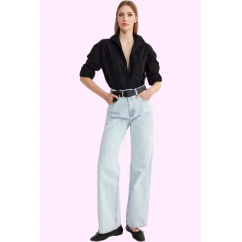 Kadın Pamuklu Denim Geniş Paça Pantolon Rahat Günlük Stil Hafta Sonu Yaz Aylarının Vazgeçilmezi