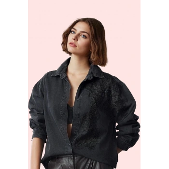 Kadın Pamuklu Denim Gömlek Dantel Detaylı Basic Siluet Günlük Ve İş Yaz Aylarının Vazgeçilmezi