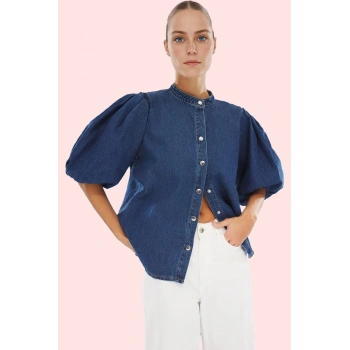 Kadın Pamuklu Denim Gömlek Regular Kalıp Balon Kol Volanlı Detaylar Rahat Günlük Stil Hafta Sonu