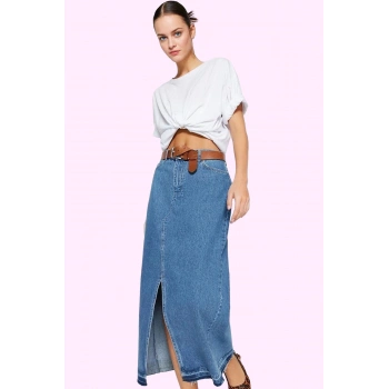 Kadın Pamuklu Denim Maxi Etek Yırtmaçlı A line Günlük ve Şık Kombinler İçin Modern Tasarım