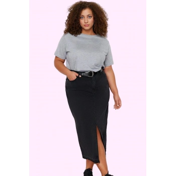 Kadın Pamuklu Denim Midi Etek Yüksek Bel Ön Yırtmaçlı A line Kesim Rahat Günlük Hafta Sonu