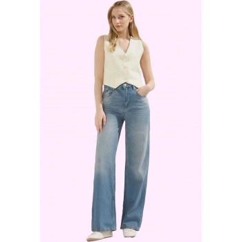 Kadın Pamuklu Denim Wide Leg Jean Pantolon Günlük Ve Rahat Kullanım Yaz Aylarının Vazgeçilmezi