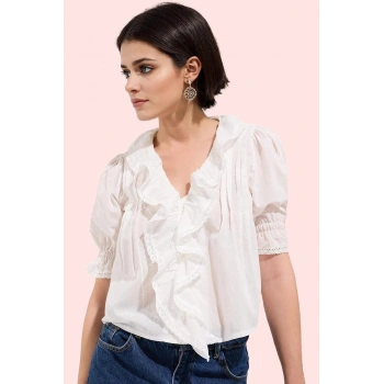 Kadın Pamuklu Gömlek V Yaka Fırfırlı Truvakar Kol Günlük Şıklık Yaz Aylarının Vazgeçilmezi