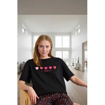 Kadın Pamuklu Kısa Kollu Bisiklet Yaka Pijama Takımı Uzun Ömürlü Premium Kalite Seçkin Malzeme