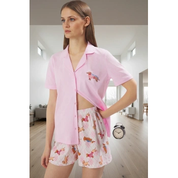 Kadın Pamuklu Köpek Desenli Regular Pijama Takımı Yazlık Rahat Uyku Seti Yüksek Kalite Uzun Ömürlü