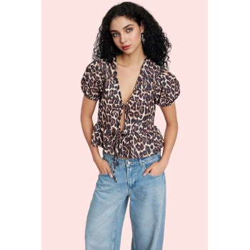 Kadın Pamuklu Leopar Desenli V Yaka Bluz Balon Kol Yaz Aylarının Vazgeçilmezi Günlük Kullanım