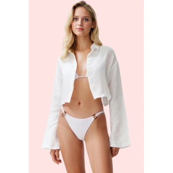 Kadın Pamuklu Müslin Dokuma Uzun Kollu Crop Gömlek Yazlık Plaj Günlük Kullanım Özel Günler