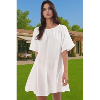 Kadın Pamuklu Müslin Plaj Elbisesi Yazlık Kısa Elbise Rahat Kaliteli İşçilik Yüksek Kalite