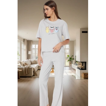 Kadın Pamuklu Rahat Baskılı Pijama Takımı Kısa Kollu Tişört Pantolon Kullanım Ve Şık