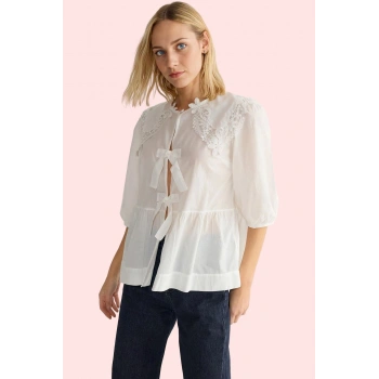 Kadın Pamuklu Yazlık Bluz Düz Desen Gömlek Yaka Truvakar Kol Günlük Kullanım İçin Hafta Sonu