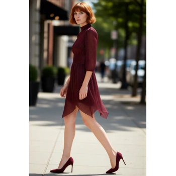 Kadın Parıltılı Örme Astarlı A Line Balon Kol Dik Yaka Kısa Abiye Elbise Şık Gece Mezuniyet İçin