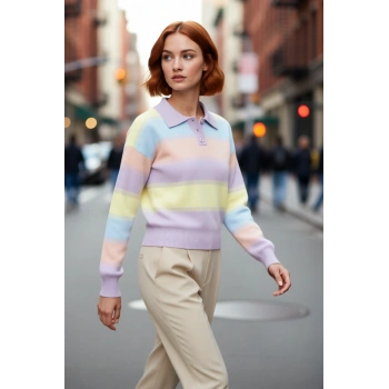 Kadın Pastel Tonlarda Renk Bloklu Polo Yaka Düşük Kol Uzun Kollu Akrilik Triko Kazak Şık ve Rahat