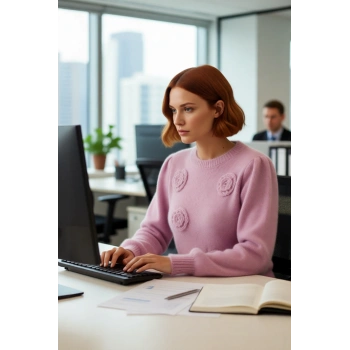 Kadın Pembe Bisiklet Yaka İşlemeli Desenli Triko Kazak Günlük Kullanım İçin İdeal Uzun Kollu Model