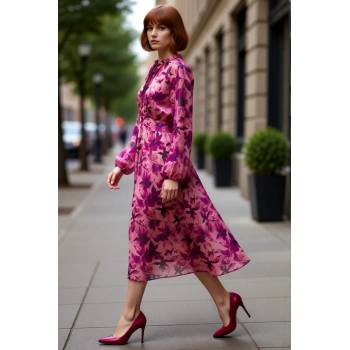 Kadın Pembe Çiçekli Şifon Skater Midi Elbise Bağlamalı Yakalı Uzun Kollu Rahat ve Şık Kaliteli