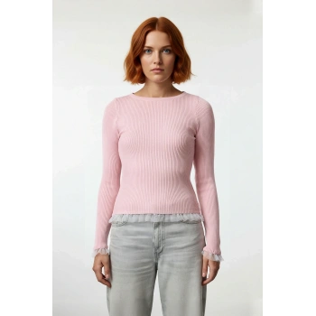 Kadın Pembe Fitted Triko Uzun Kollu Basic Bisiklet Yaka Tül Detaylı İlkbahar Sonbahar Kazak