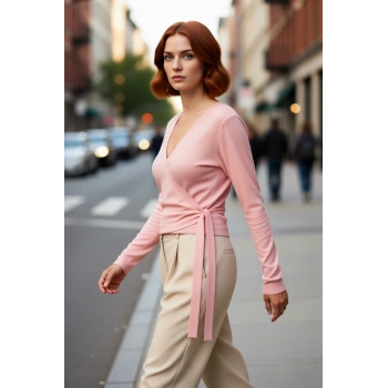 Kadın Pembe Kruvaze Yaka Crop Triko Kazak Günlük Kullanım İçin İnce Yapılı Uzun Kollu Rahat Stil