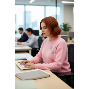 Kadın Pembe Özel Taş Desenli Düşük Omuzlu Bisiklet Yaka Orta Kalınlık Yumuşak Kışlık Triko Kazak