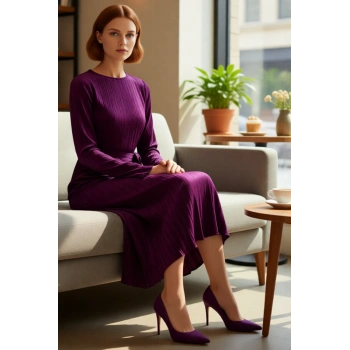 Kadın Pilise Dokulu Kuşaklı Midi Elbise Kayık Yaka Uzun Kollu Shift Kalıp Şık Kış Koleksiyonu