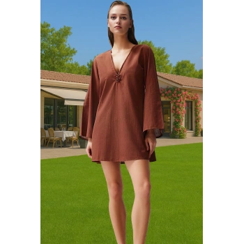 Kadın Plaj Elbisesi Pamuklu Mini Shift V Yaka Deniz Kabuğu Aksesuarlı Yüksek Kalite Rahat Kullanım