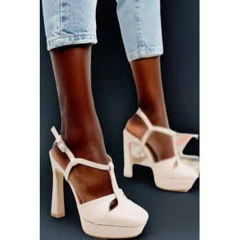 Kadın Platform Topuklu T Bantlı Ayakkabı Kalın Topuk Şık Model