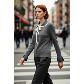 Kadın Polo Yaka Bağcıklı Triko Kazak Renk Bloklu Uzun Kollu Kışlık Ofis Şıklığı İçin Rahat Seçim