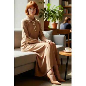 Kadın Polo Yaka Biyeli Maxi Triko Elbise Düşük Kol Rahat Kesim Kış Sezonu İçin İdeal Model