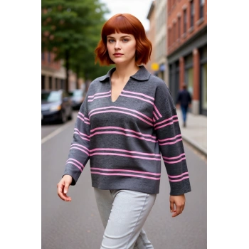 Kadın Polo Yaka Çizgili Akrilik Triko Kazak Relaxed Kalıbı Sayesinde Soğuk Havalara Şıklık Katıyor