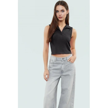 Kadın Polo Yaka Crop Örme Bluz Yazlık Rahat Kombin Trend Tasarım Uzun Ömürlü Kaliteli İşçilik