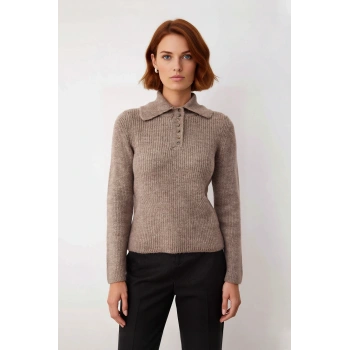 Kadın Polo Yaka Düz Desen Regular Fit Selanik Dokuma Triko Kazak İlkbahar Sonbahar Kış Stili