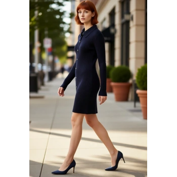 Kadın Polo Yaka Düz Fitilli Triko Mini Elbise Günlük Şıklığı Kış Boyunca Üstünüze Taşıyın.