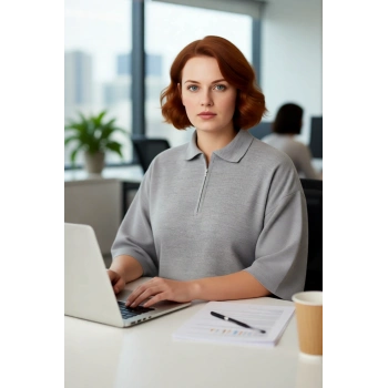 Kadın Polo Yaka Fermuar Detaylı Relaxed Kesim Düşük Kol Truvakar Triko Kazak Büyük Beden Kaliteli