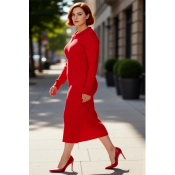 Kadın Polo Yaka Fitilli Bodycon Triko Midi Elbise Uzun Kollu Kış Günlük Şık Akrilik Tasarım