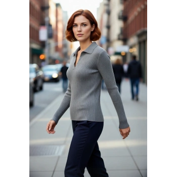 Kadın Polo Yaka Fitilli Triko Kazak Modern Fitted Tasarımıyla Casual Şıklığı Soğuk Havalarda