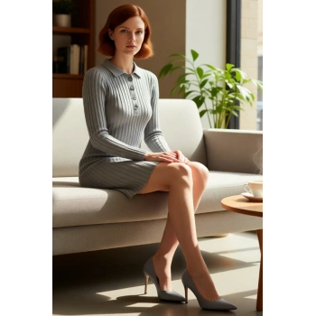 Kadın Polo Yaka Fitilli Triko Mini Elbise Standart Kollu Rahat ve Şık Kış Stili Sunar Kaliteli