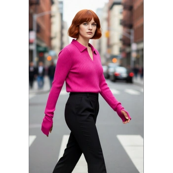 Kadın Polo Yaka İnce Fitilli Akrilik Triko Kazak Modern ve Rahat Günlük Şıklık Sunuyor Kaliteli