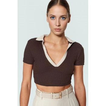 Kadın Polo Yaka Kısa Kollu Crop Bluz Esnek Örme Polyester Yüksek Kalite Özenle Seçilmiş