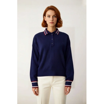 Kadın Polo Yaka Oversize Düşük Kol Renk Bloklu Triko Kazak Kış Sezonu Günlük Rahat Kombinler İçin