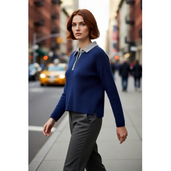 Kadın Polo Yaka Oversize Triko Kazak Düşük Kollu Rahat Kesim Günlük Şıklık Kombinleri İçin İdeal