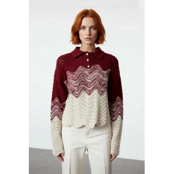 Kadın Polo Yaka Regüler Kalıp Crop Triko Kazak Dalgalı Desenli Akrilik Kışlık Günlük Şıklık