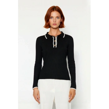 Kadın Polo Yaka Renk Bloklu Fitted Triko Kazak Şıklığı ve Konforu Birleştiren Standart Kol