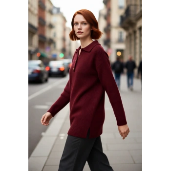 Kadın Polo Yaka Selanik Dokuma Triko Kazak Uzun Kollu Kış Günleri Konforlu ve Modern Görünüm